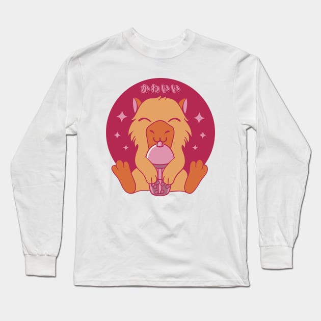 Kawaii Capybara Drinking Bubble Tea Long Sleeve T-Shirt by Bruno Pires